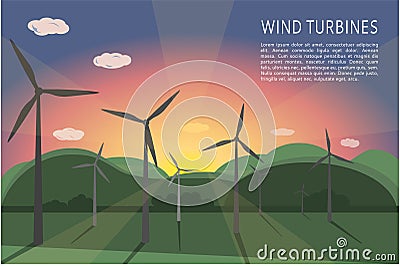 Wind turbines on a green landscape against the backdrop of sunset dawn. Vector Illustration